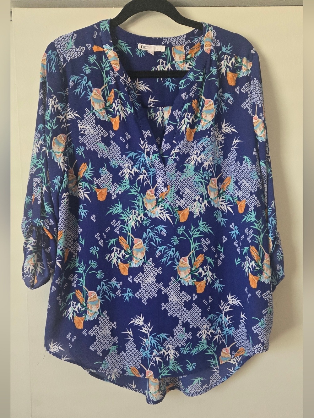 DR2 Blue, Tropical Floral & Bamboo Print V-Neck Blouse
